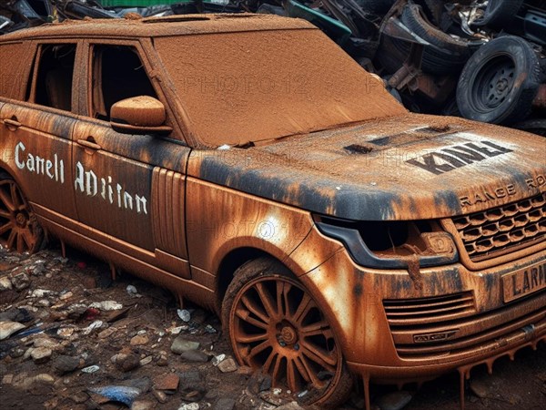 Crashed abandoned rusty expensive luxurious atmospheric 4 door powerful as circulation banned for co2 emission 2030 agenda dystopian concept ai generated