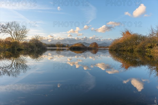 Line of clouds reflecting in a flooded meadow after heavy squalls. Landscape in autumn. Bas-Rhin
