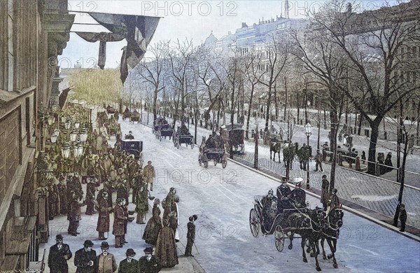 The Emperor leaving in a horse-drawn carriage in the street Unter den Linden in Berlin