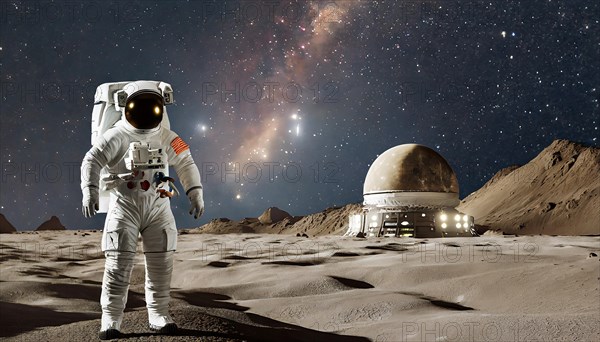 An astronaut in a spacesuit on the moon in front of the starry sky