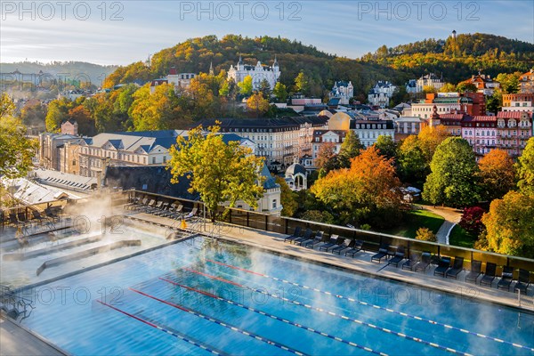 Outdoor terrace of the thermal spa with panoramic view of the city in autumn