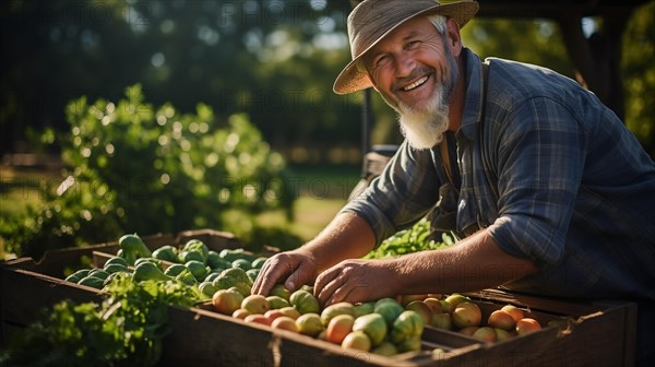 Bearded farmer tending to his fresh and bountiful produce harvest crates. generative AI