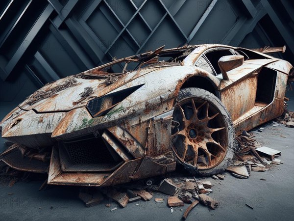 Crashed abandoned rusty expensive atmospheric car as circulation banned for co2 emission 2030 agenda dystopian concept ai generated