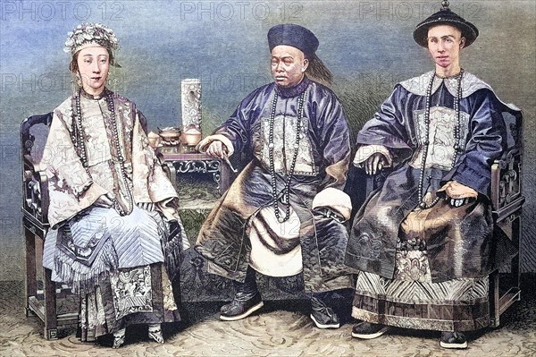 War mandarin and civilian mandarin next to a mandarin woman in imperial China