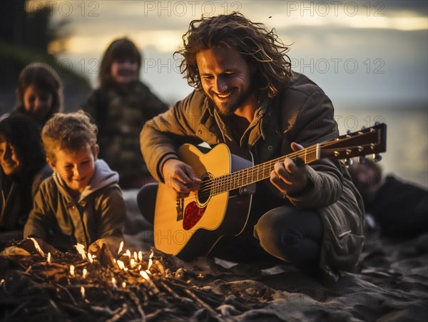 Young people relaxed on the beach with a campfire