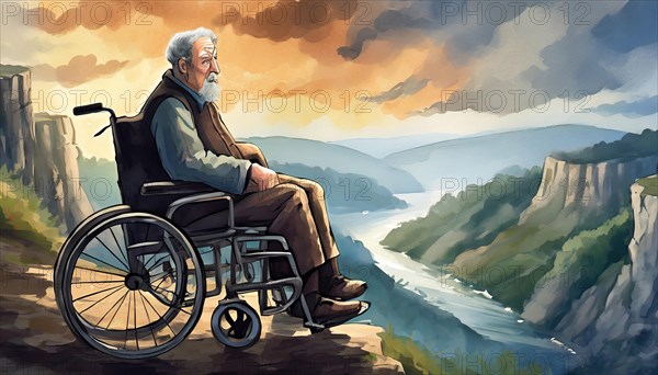 An old man sits in a wheelchair on a precipice