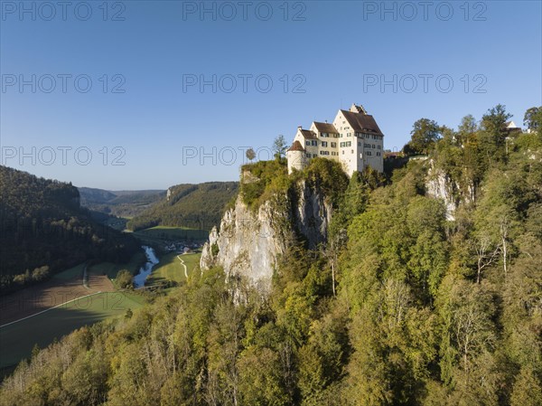 Aerial view of Werenwag Castle on a rocky spur in the upper Danube valley