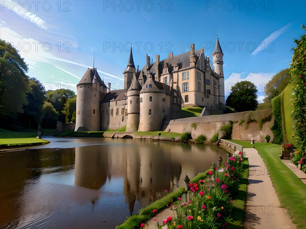 Fantasy castle by the water with beautiful flower path