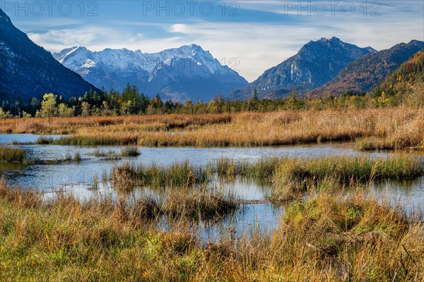 Autumn landscape with moorland Seven Springs and Zugspitze Group 2962m in the Wetterstein Mountains