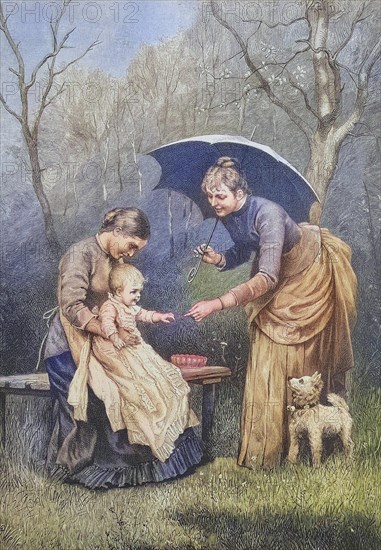 Mother with aunt and child in the garden on a Sunday afternoon