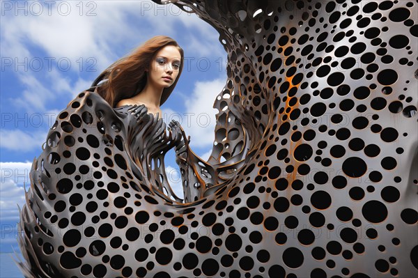 Surrealist bionic young woman embedded in liquid metal statue