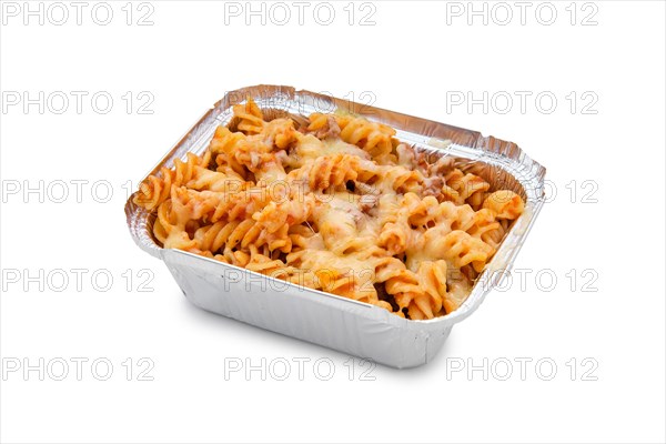 Mac and cheese with minced meat and mushrooms in foil container isolated on white