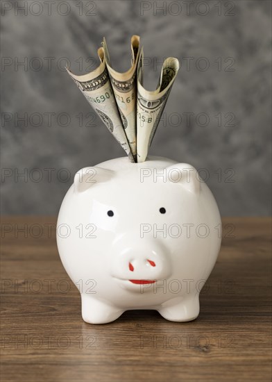 Front view arrangement piggy bank with banknotes