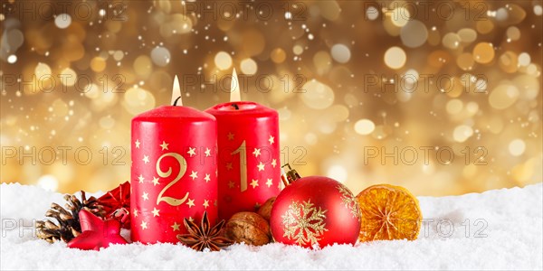 Second 2nd Advent with candle Christmas decoration Christmas card panorama for the Advent season with copy space Copyspace in Stuttgart