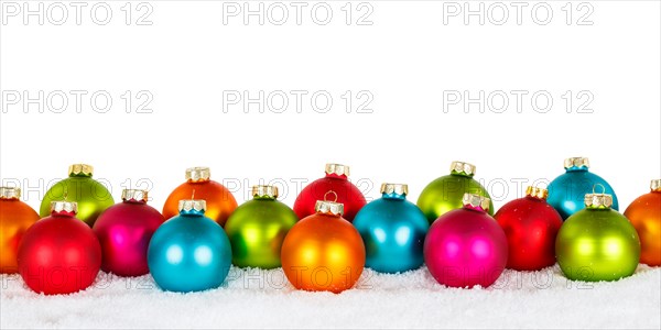 Christmas with colourful Christmas baubles panorama with text free space Copyspace decoration cropped in front of a white background in Stuttgart