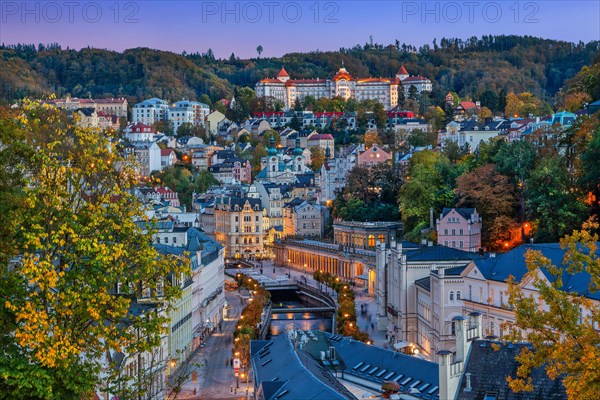 Panorama of the town in the Tepla Valley with the Mill Colonnade at dusk