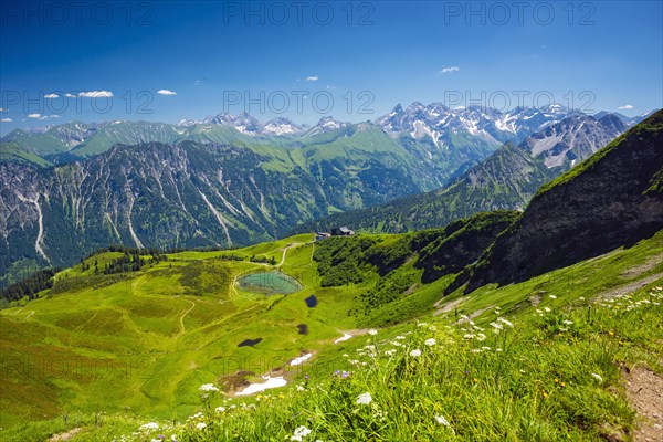 Panorama from the Fellhorn over the Schlappoldsee and Fellhornbahn mountain station to the central main ridge of the Allgaeu Alps