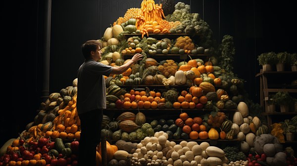 Young adult man reaches for fresh produce from a towering bountiful display of endless varieties of fresh fruits and an abundant selection of colorful vegetables. generative AI