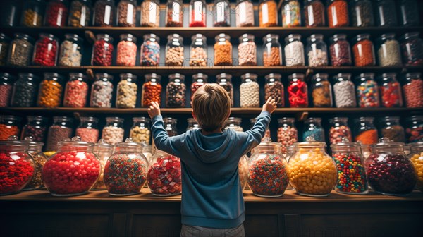 Back view of a small child walking amidst a bountiful display of glass candy jars at a market filled with endless varieties of colorful confections and an abundant selection of sweet treats. generative AI