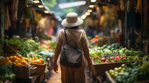 Senior adult woman enjoying the farmers market with bountiful produce. generative AI