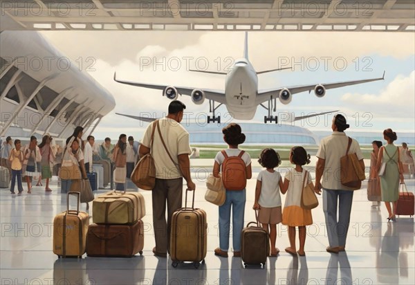 Family with luggage backpack trolley wait to board plane at the airport for holiday trip ai generated