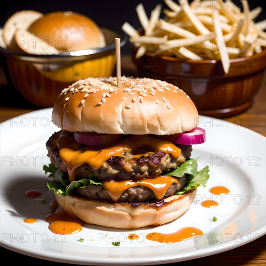 Delicious cheeseburger with fries