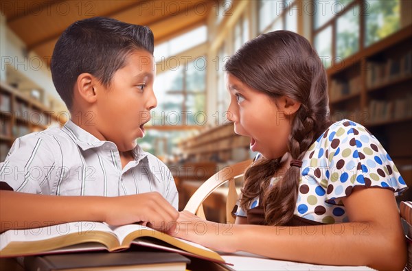 Two hispanic school kids in a library with a shocked expression on their faces