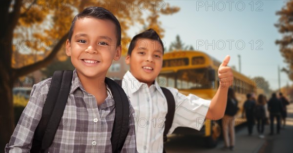 Two happy young hispanic boys wearing backpacks give a thumbs up on campus near a school bus