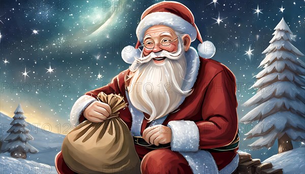 Father Christmas with a sack of presents sits in front of a starry sky