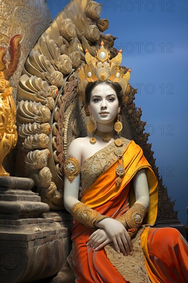 Gorgeous Cambodian young woman wearing traditional dress sitting in front of traditional sculpture