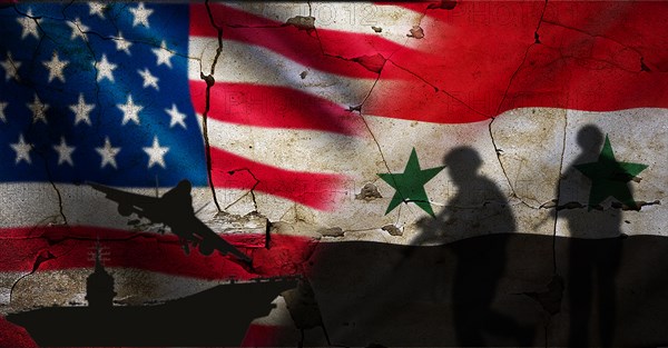 Conflict between USA and Syria concept. Political tension between the USA and Syria. United States vs Syria flag on cracked wall