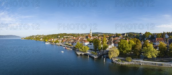 Aerial panorama of Ueberlingen on Lake Constance with the historic old town and the lakeside promenade Lake Constance district