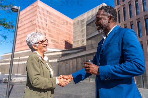 Mature businesswoman and african businessman securing a deal shaking hands outdoors