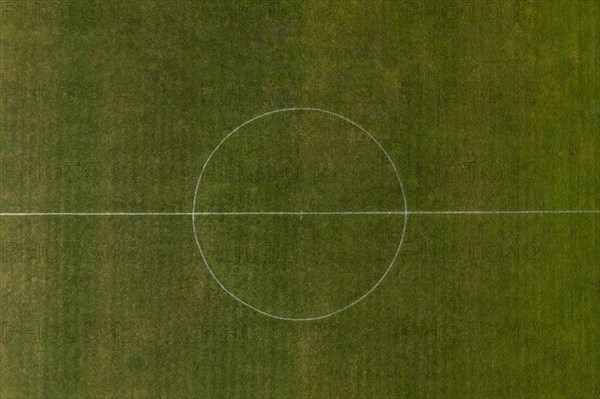 Drone view of the centre circle on a football pitch
