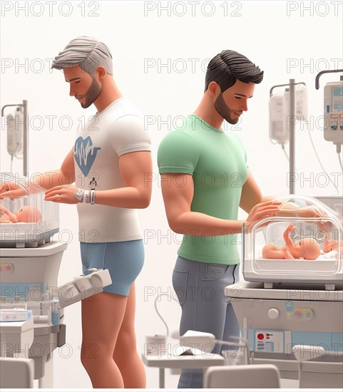 Illustration depicting couple of fit gay persons at the hospital neonatology paediatrics take care of newborn