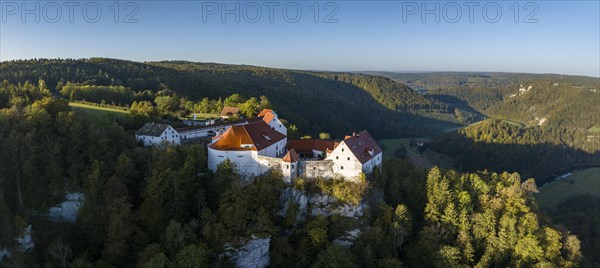 Aerial panorama of Wildenstein Castle near Leibertingen in the morning sun