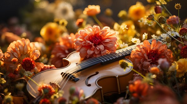 Violin resting amid beautiful flowers in the meadow. generative AI