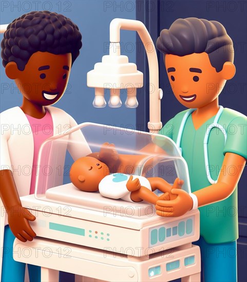 Illustration depicting medical staff people at the hospital take care of newborn baby at neonatology paedriatics ai generated