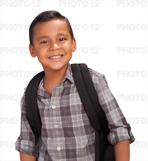 Happy young hispanic school boy wearing backpack isolated on a white background