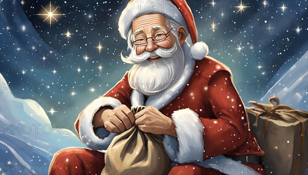 Father Christmas with a sack of presents sits in front of a starry sky