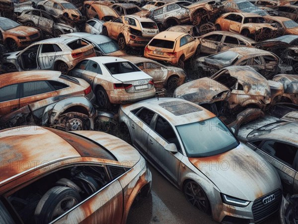 Crashed abandoned rusty expensive luxurious atmospheric 4 door powerful as circulation banned for co2 emission 2030 agenda dystopian concept ai generated