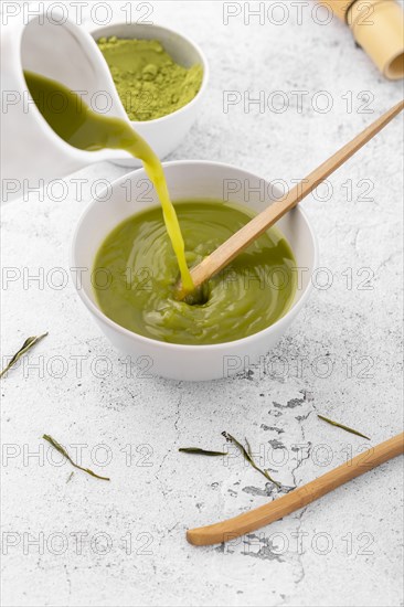 Close up bowl with tasty matcha tea