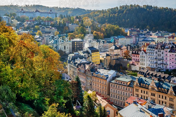 Town centre in the Tepla Valley with the Church of St. Mary Magdalene in autumn