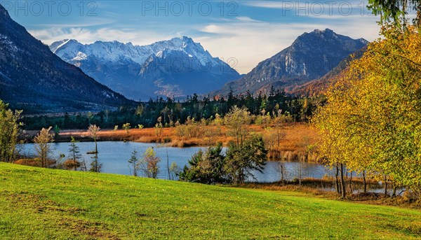 Autumn landscape with moorland Seven Springs and Zugspitze Group 2962m in the Wetterstein Mountains