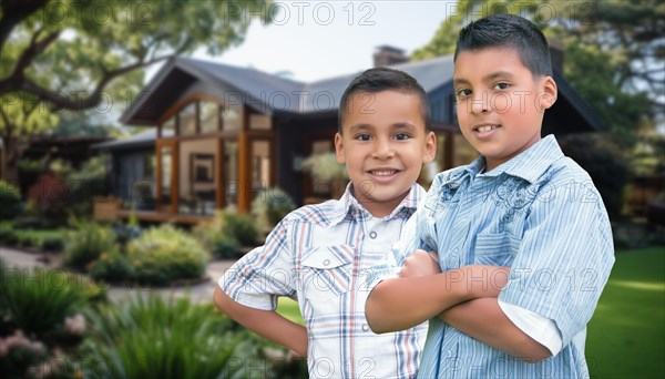Two young hispanic brothers standing together in front of their house