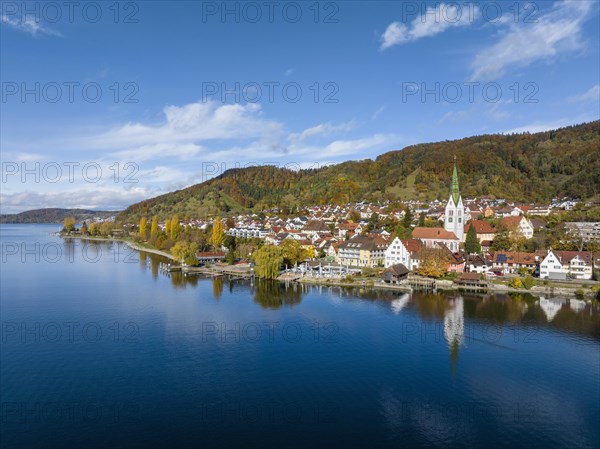 Aerial view of the village of Sipplingen on Lake Constance with autumn vegetation