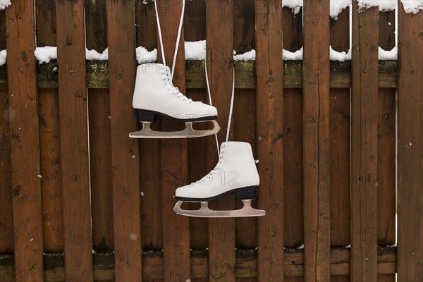 Skates hanging wooden fence