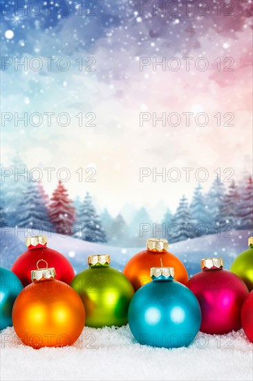Christmas card for Christmas with colourful Christmas baubles and forest in the background Card and text free space Copyspace decoration winter in Stuttgart