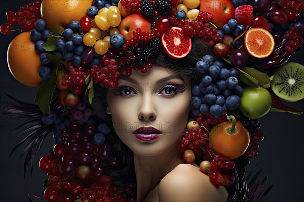 A woman wears a hat made of fruits such as grapes