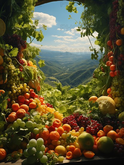 Colorful display of bountiful agricultural vegetables and abundant organic fresh fruits overlooking a beautiful vast valley below. generative AI